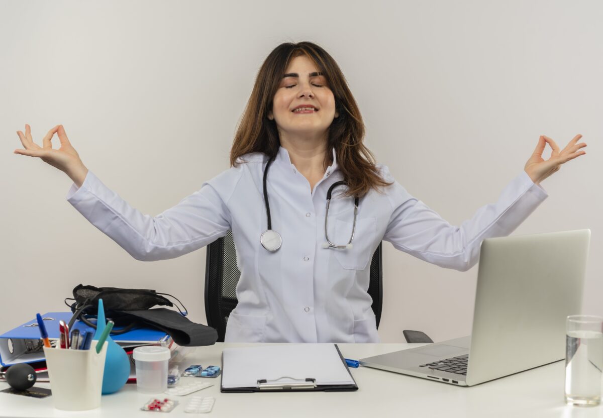 Nurse practicing stress management techniques