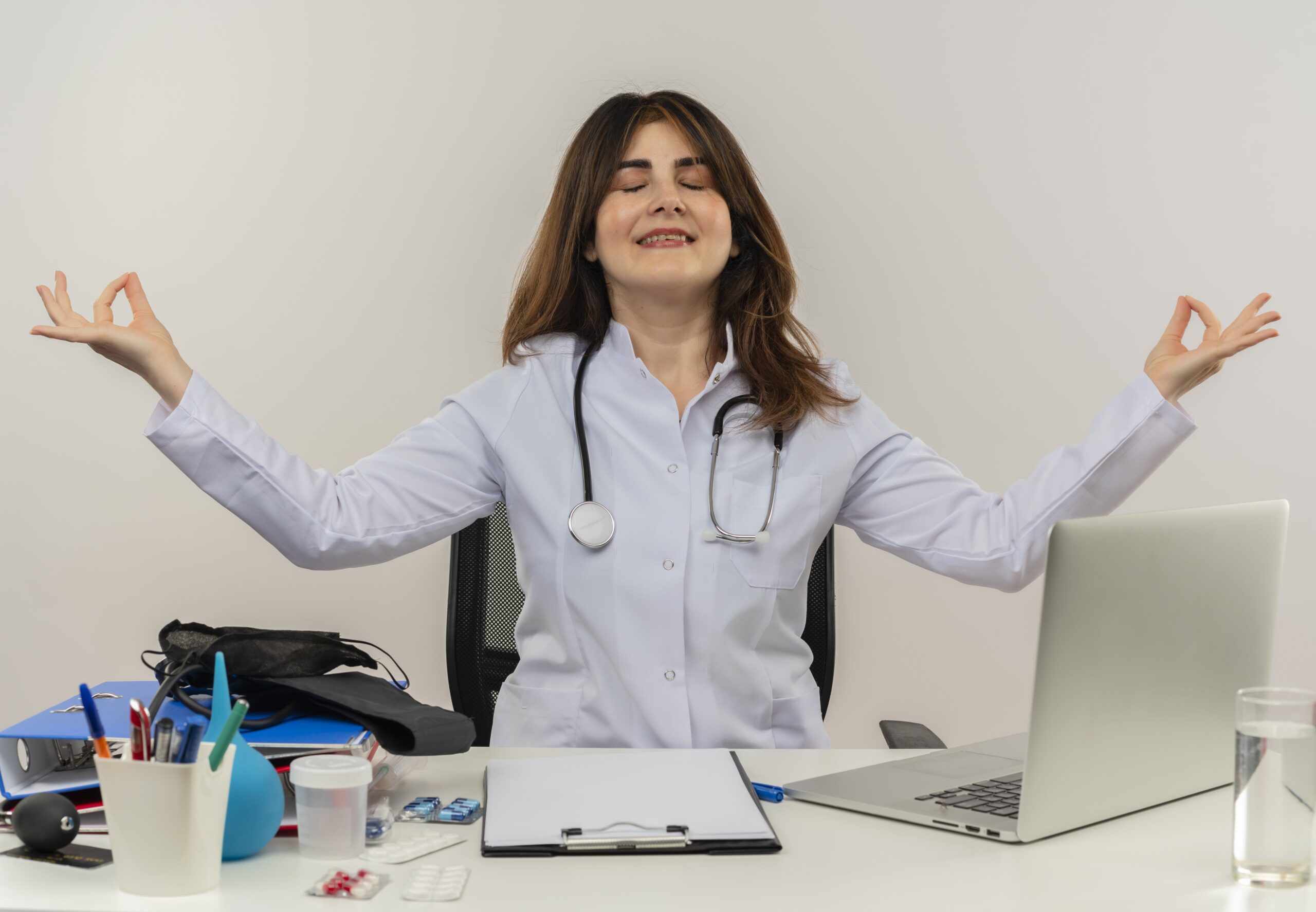 Nurse practicing stress management techniques
